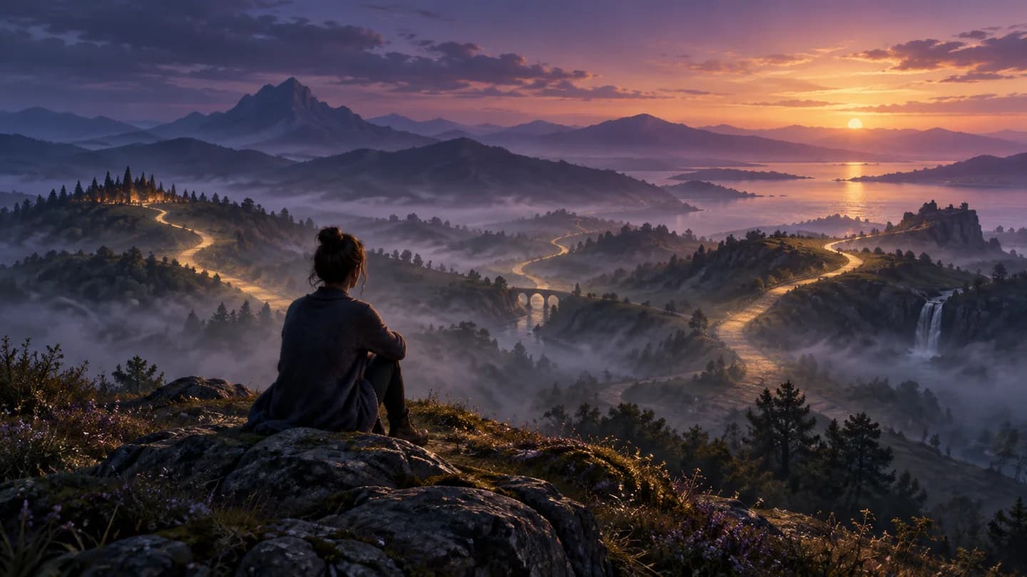A person on a hill watching lit paths in a misty valley