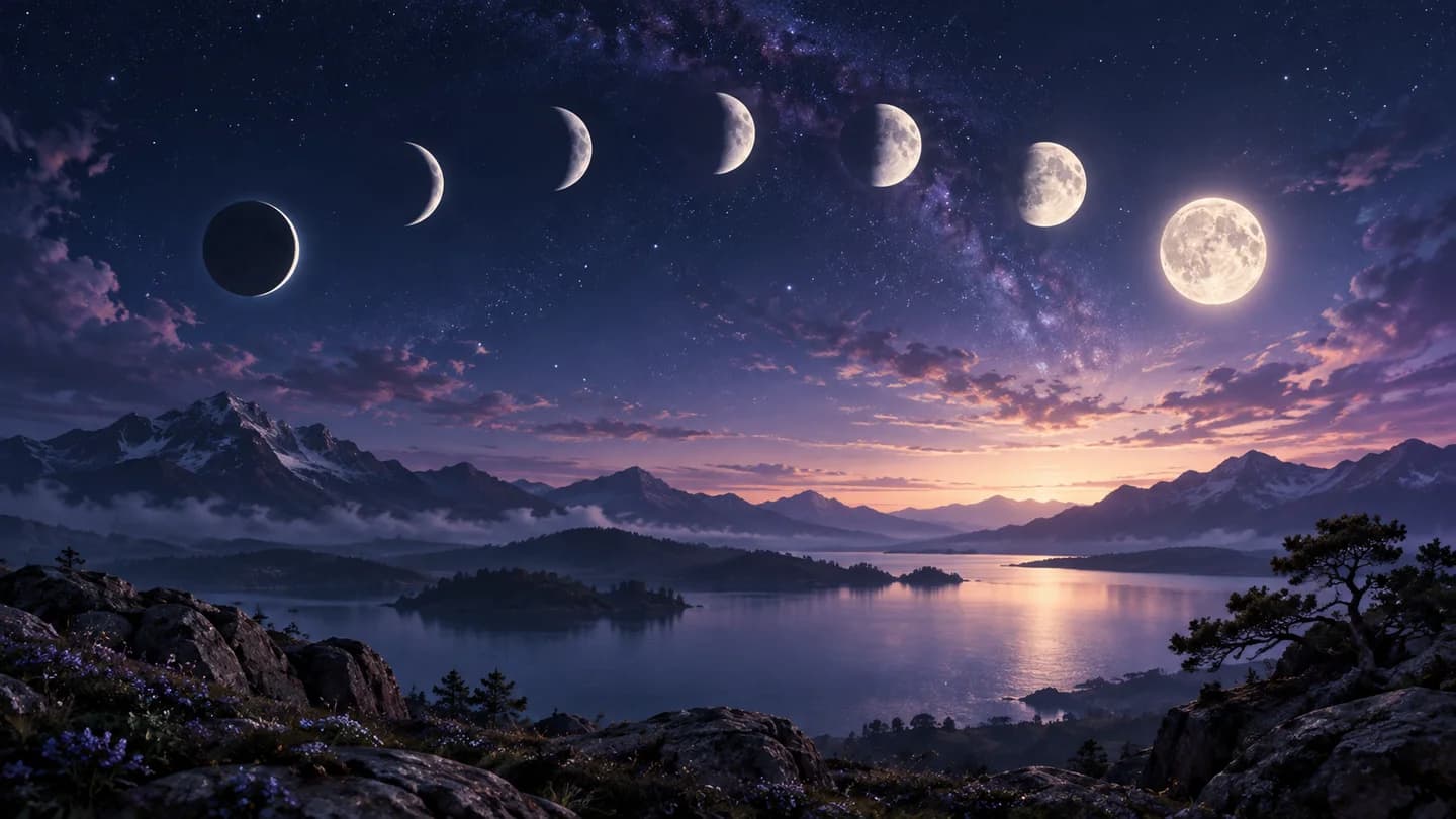 Moon phases from new to full depicted in the night sky