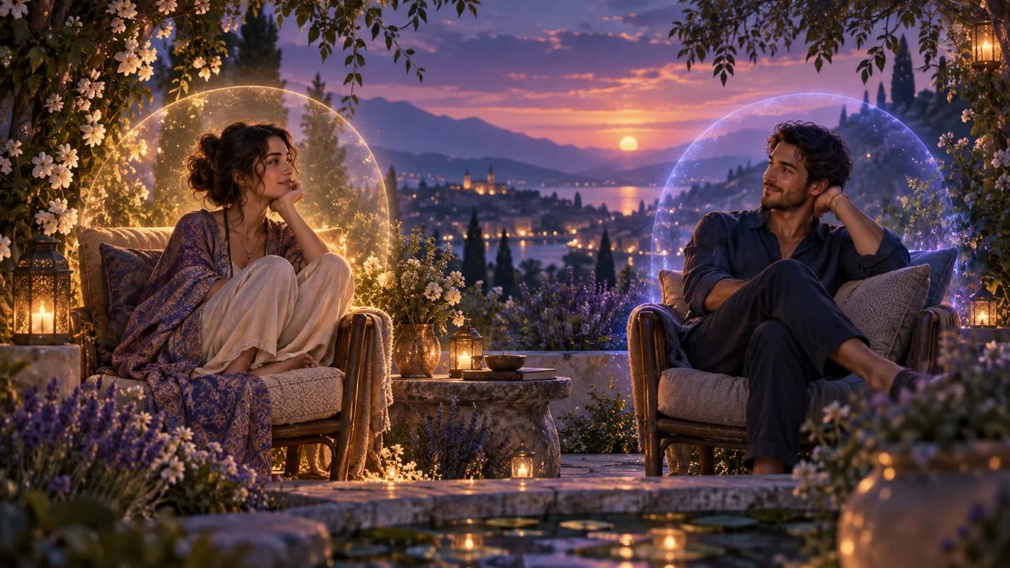 Two people sitting in their own calm spaces in a garden, talking to each other