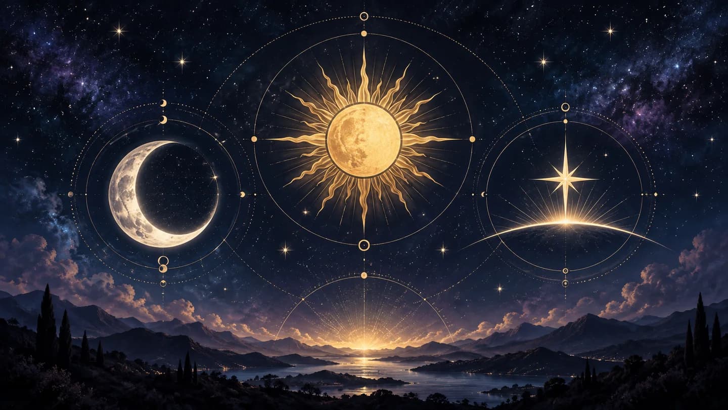 The Sun, Moon and a rising-horizon symbol against a starry sky