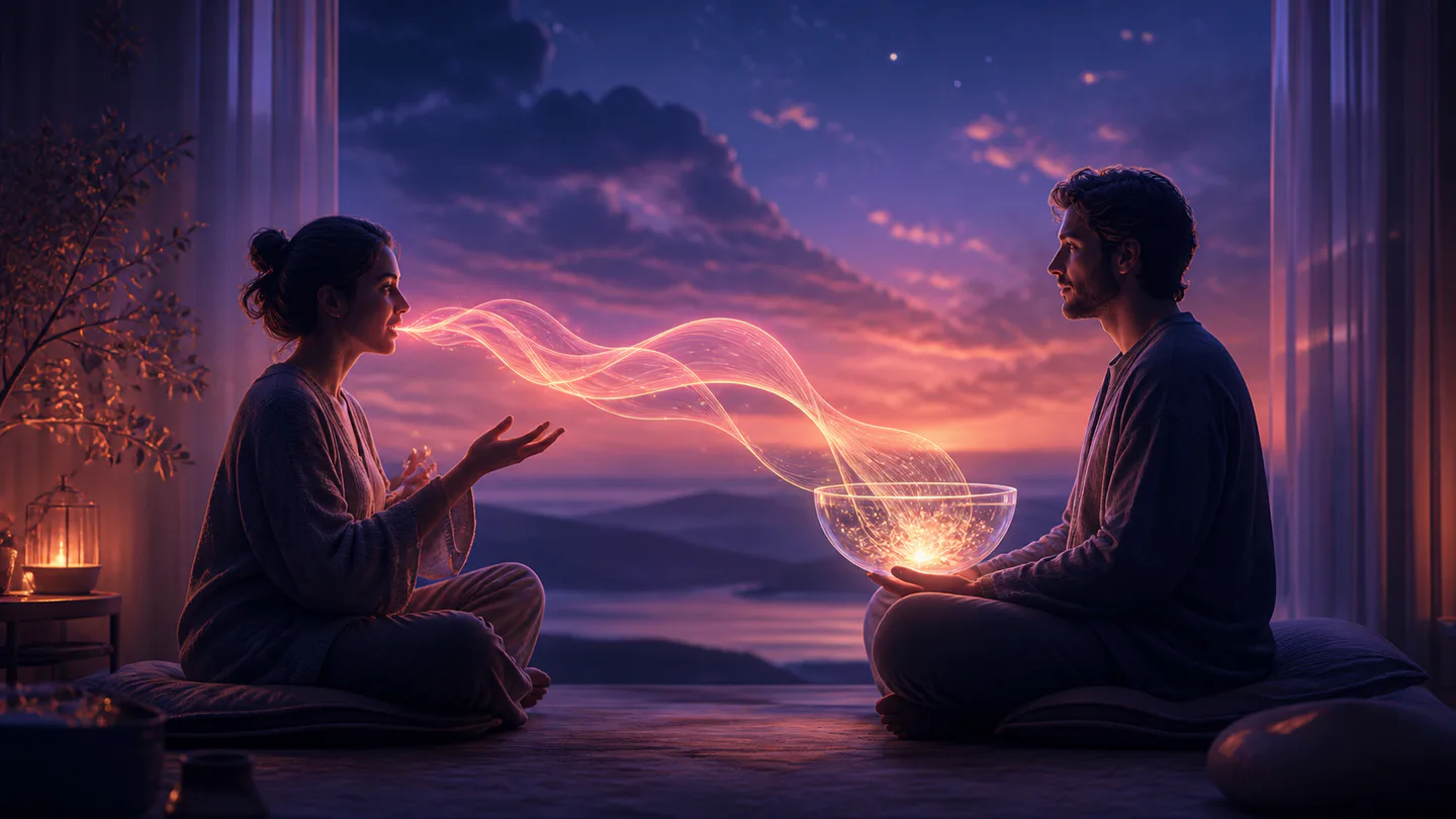 Two people attentively passing and receiving the light of conversation