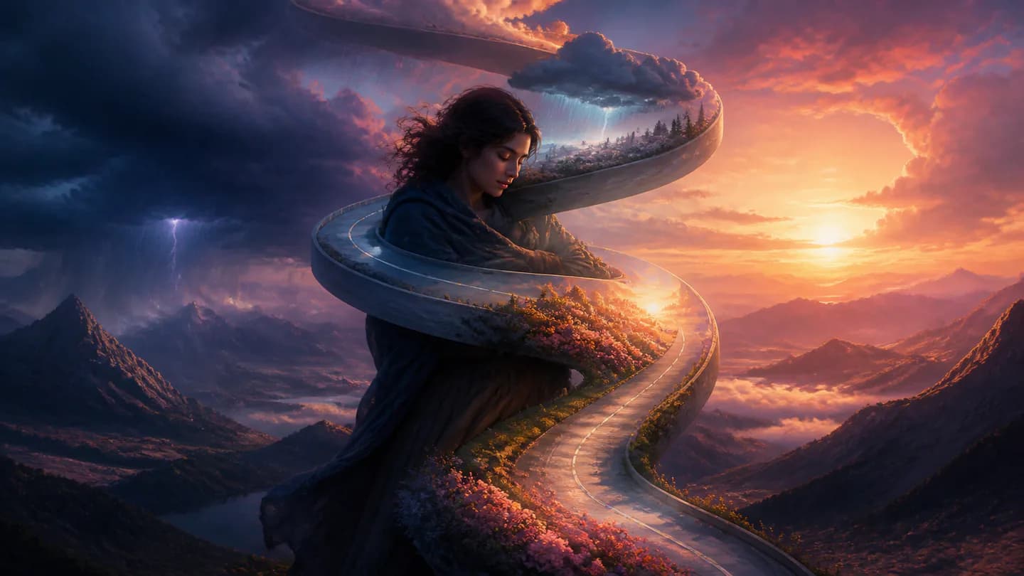 A traveler calmly accepting a winding road holding storm and dawn
