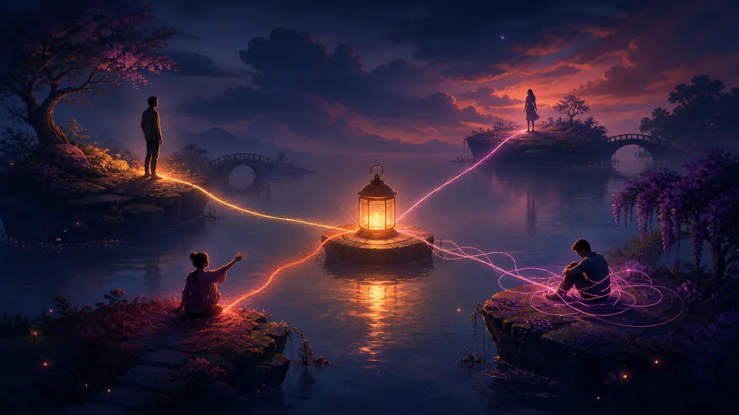 Four people connected to one warm lantern by different bright paths