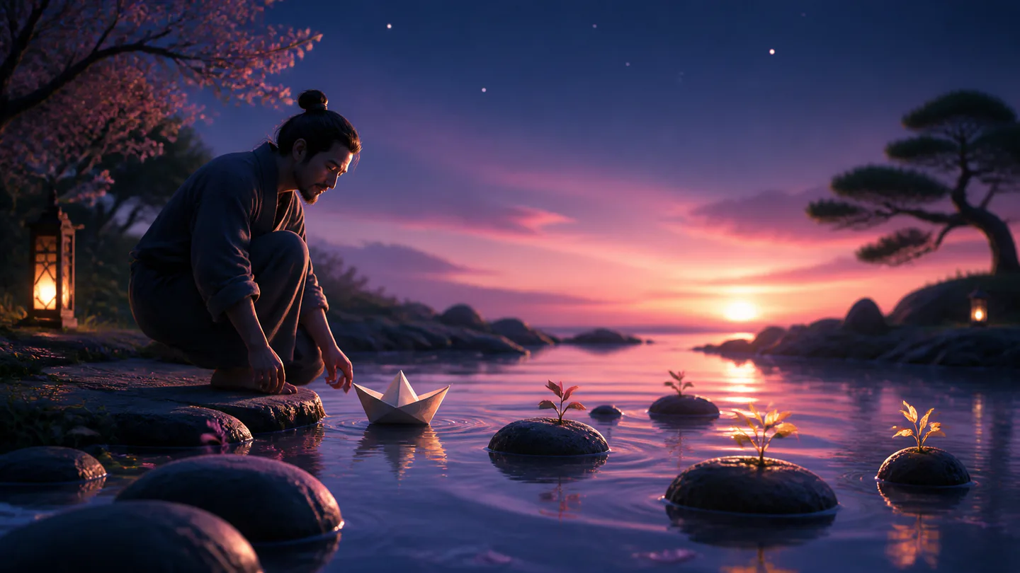A person curiously observing a paper boat and new sprouts by a glowing stream
