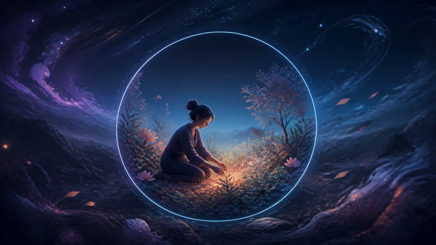 A person tending a calm garden inside a lit circle while wind moves outside