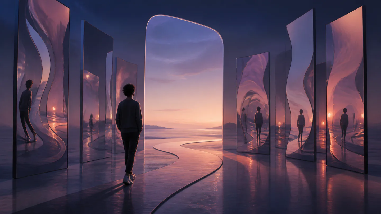 A person walking from a hall of distorted mirrors toward a bright horizon