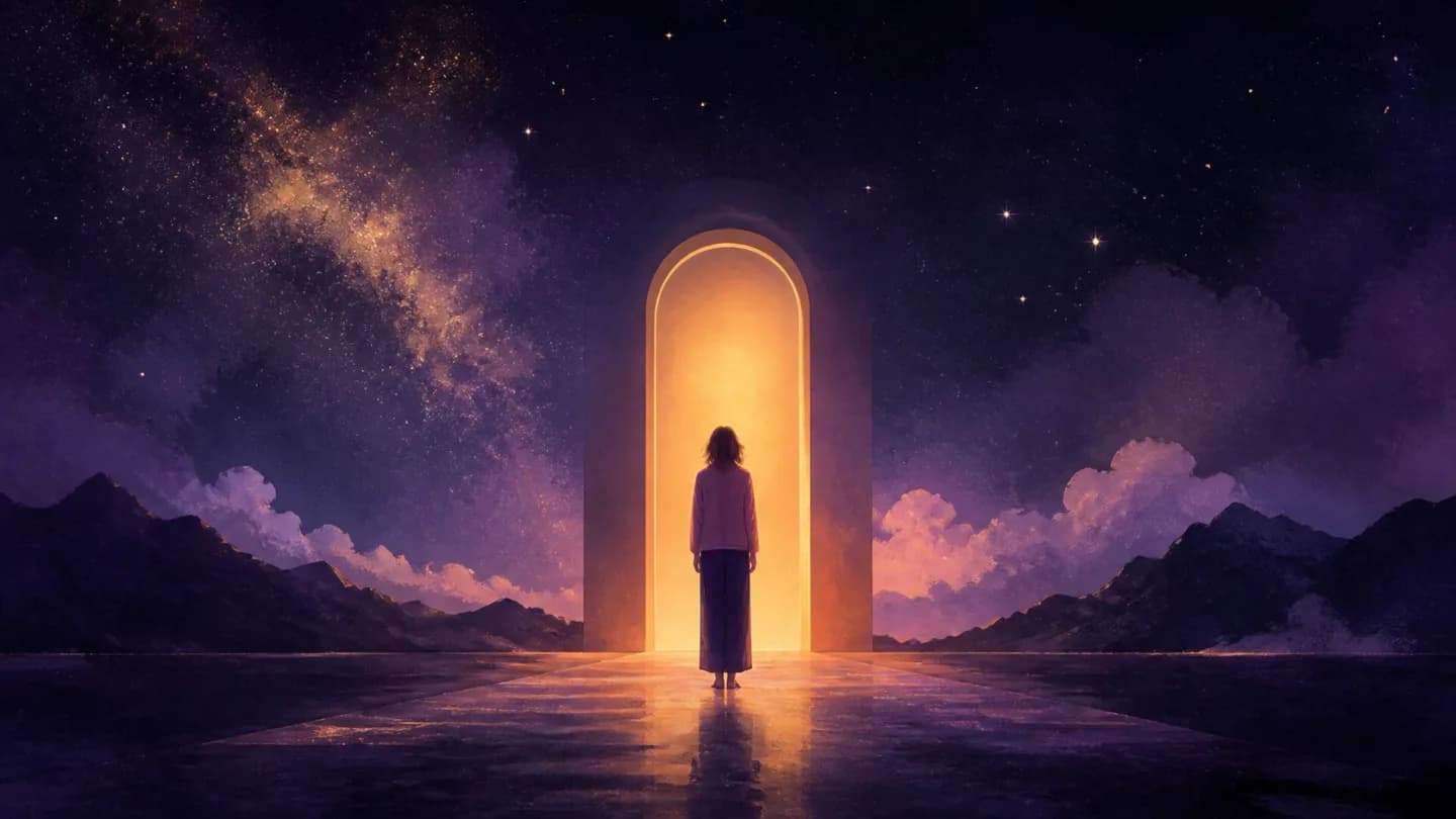 A person before an illuminated door on a starry night