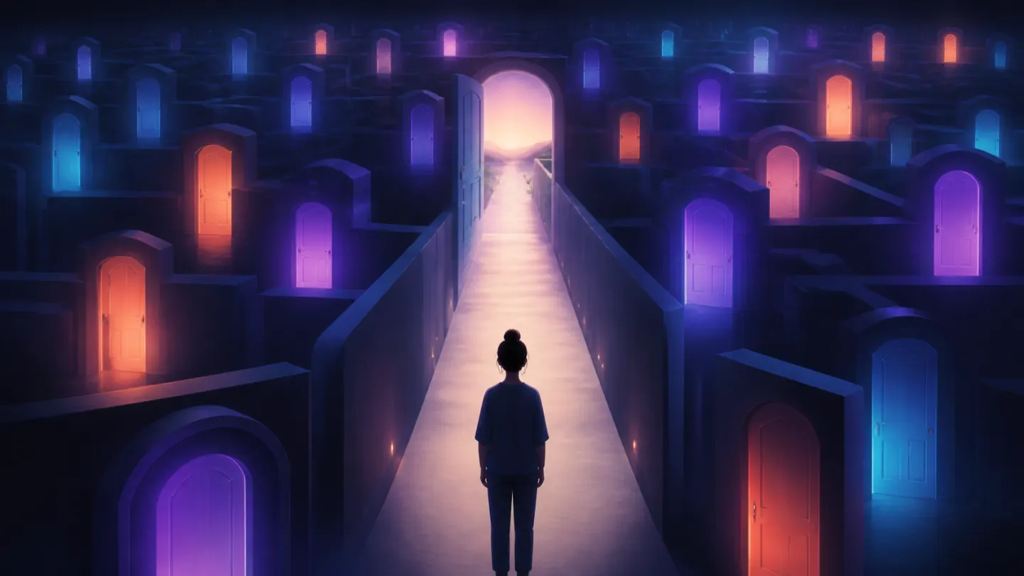 A person before many illuminated doors, one calm path crossing through