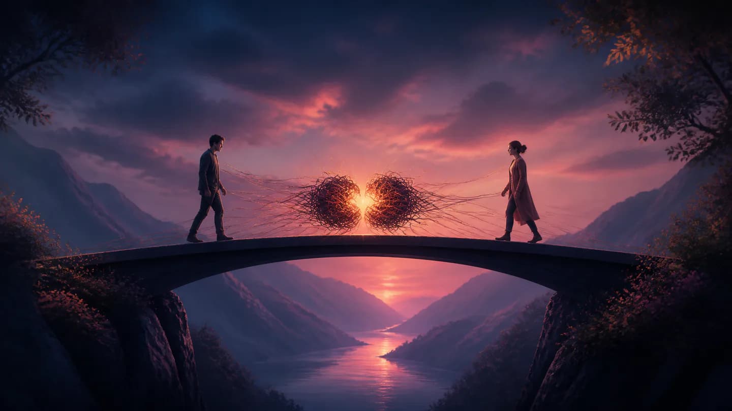 Two people untangling a difficult conversation's knot on a bridge in warm light