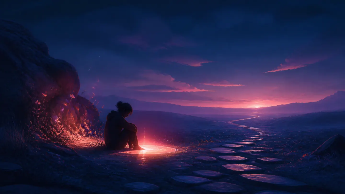 An exhausted person sitting calmly by a lit circle, a new path opening ahead