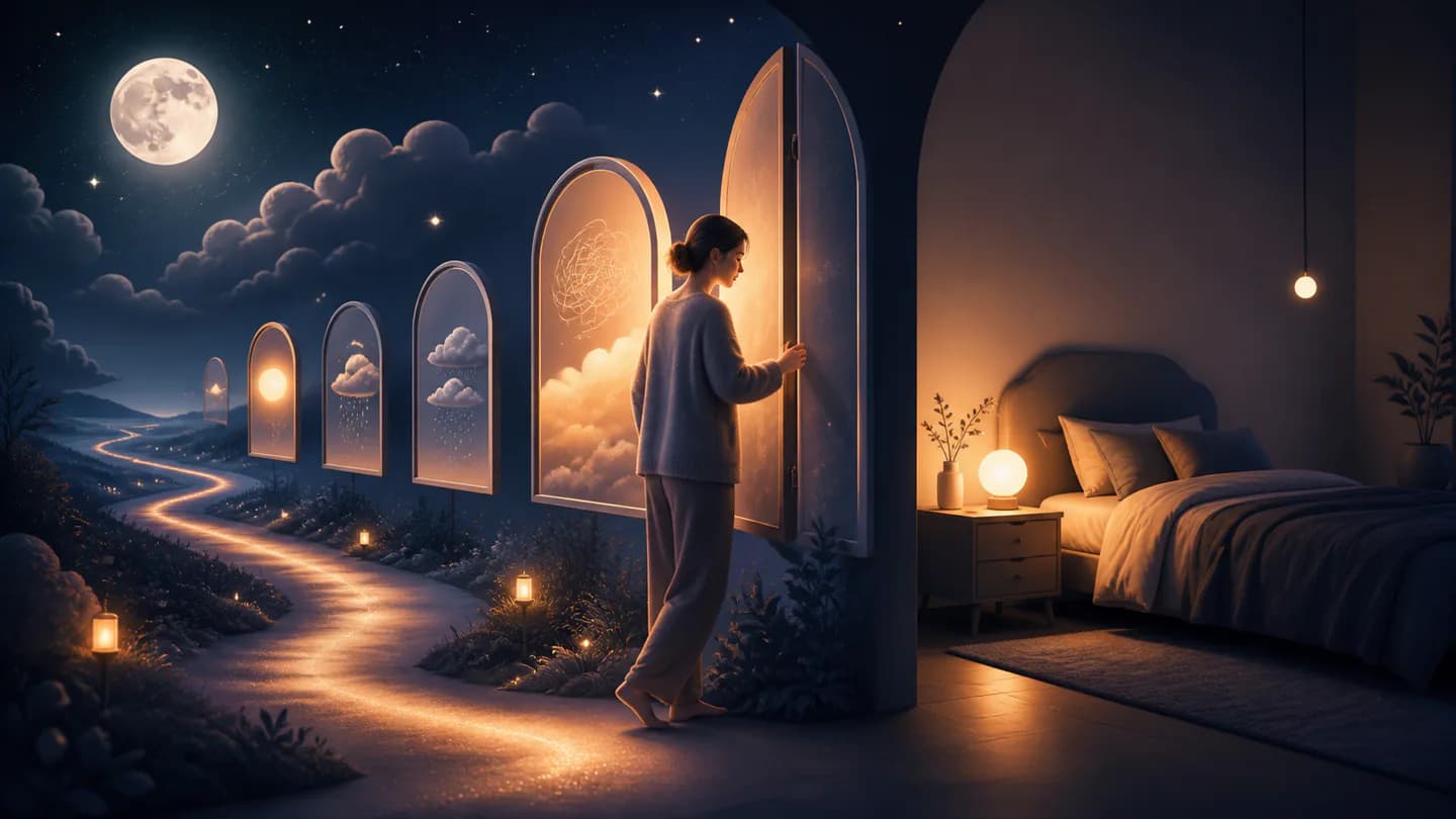 A person closing the day's glowing windows and walking toward a calm bedroom in moonlight