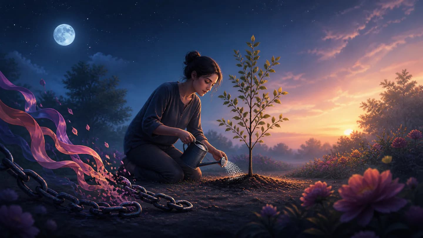 A person carefully watering a young tree, chains beside them loosening into soft ribbons