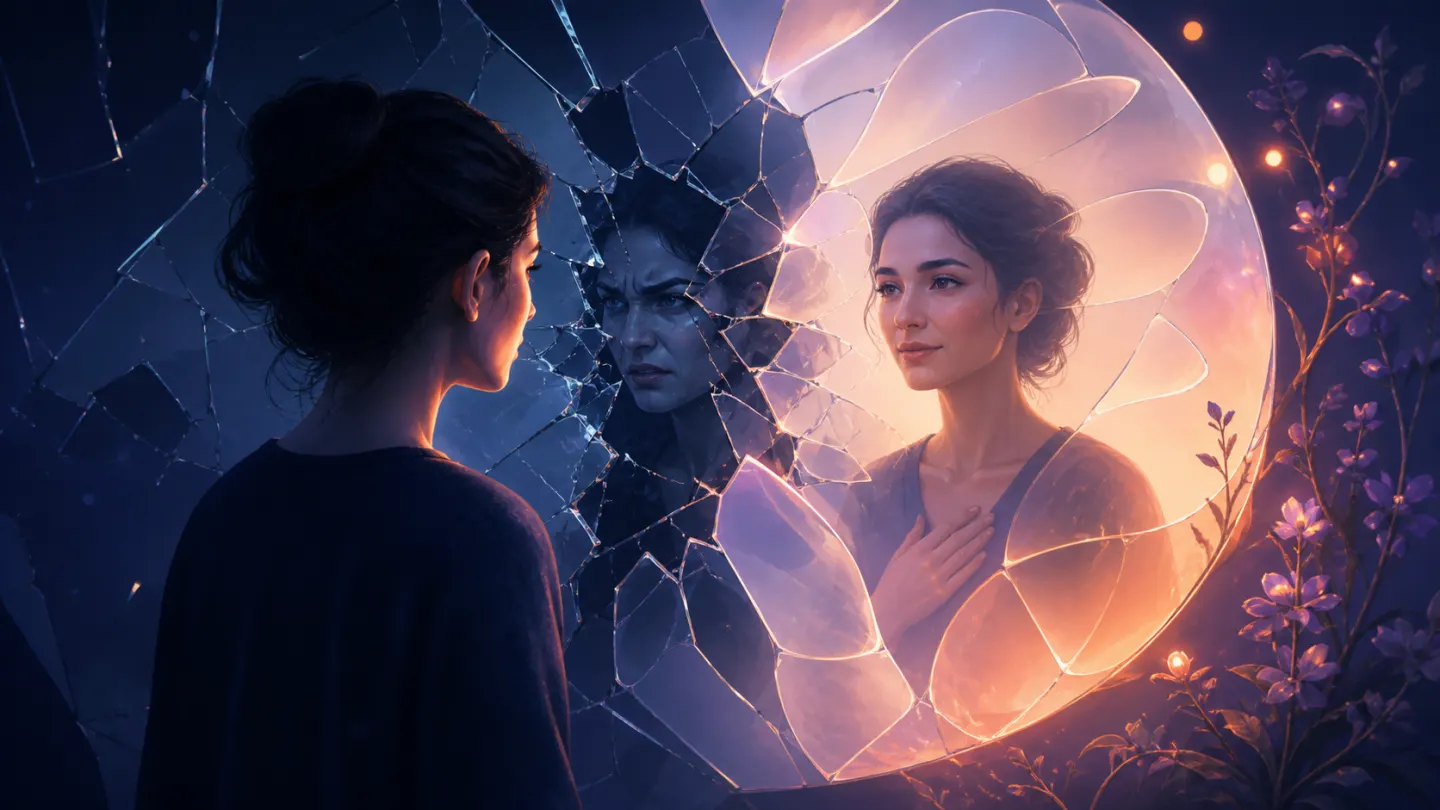 A person seeing reflections of harsh and caring inner voices in a broken mirror