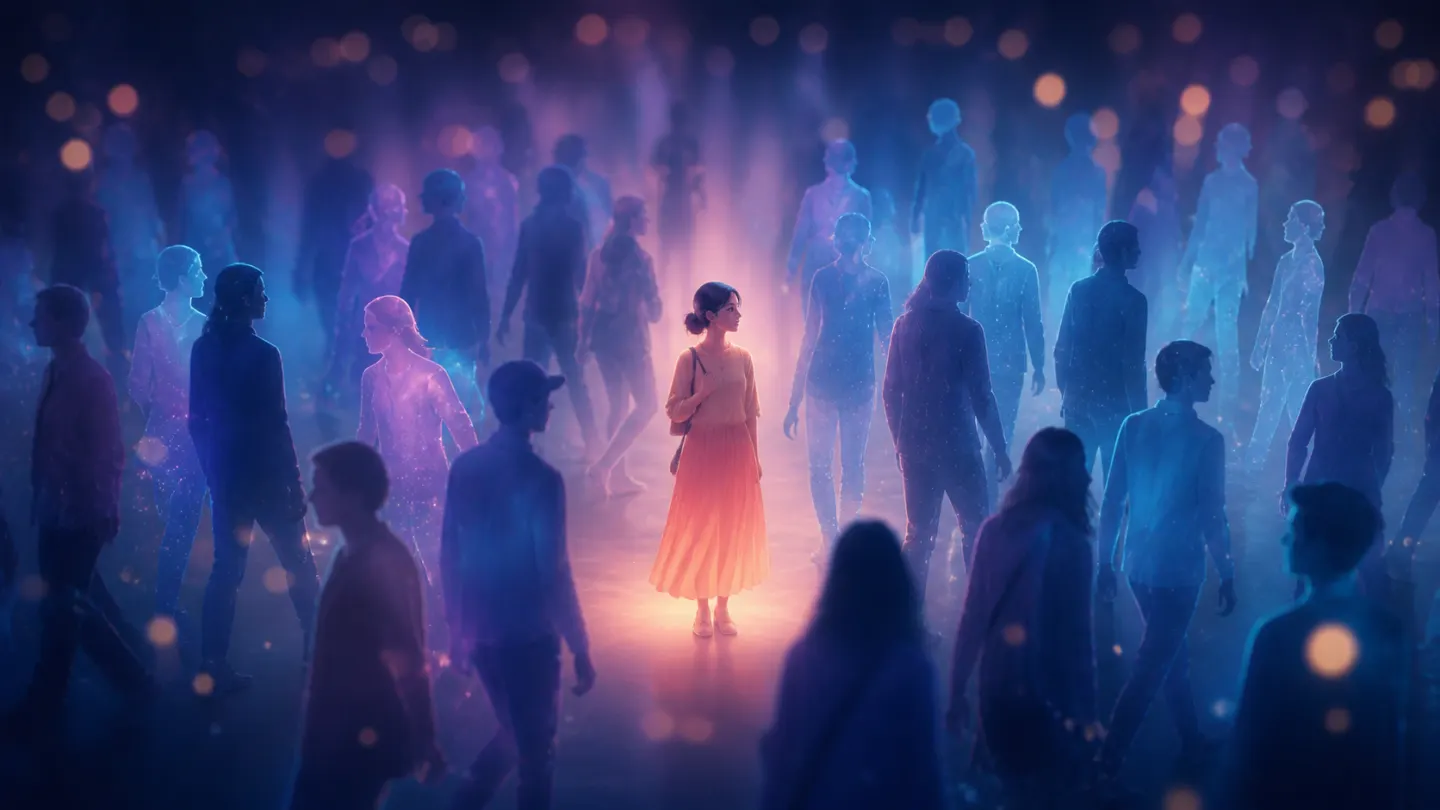 An illuminated woman standing among many people, reflecting the feeling of loneliness