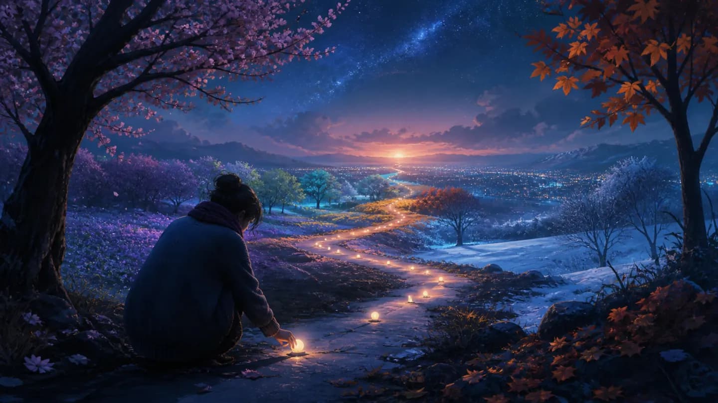 A person lighting small lights along a road passing through seasons