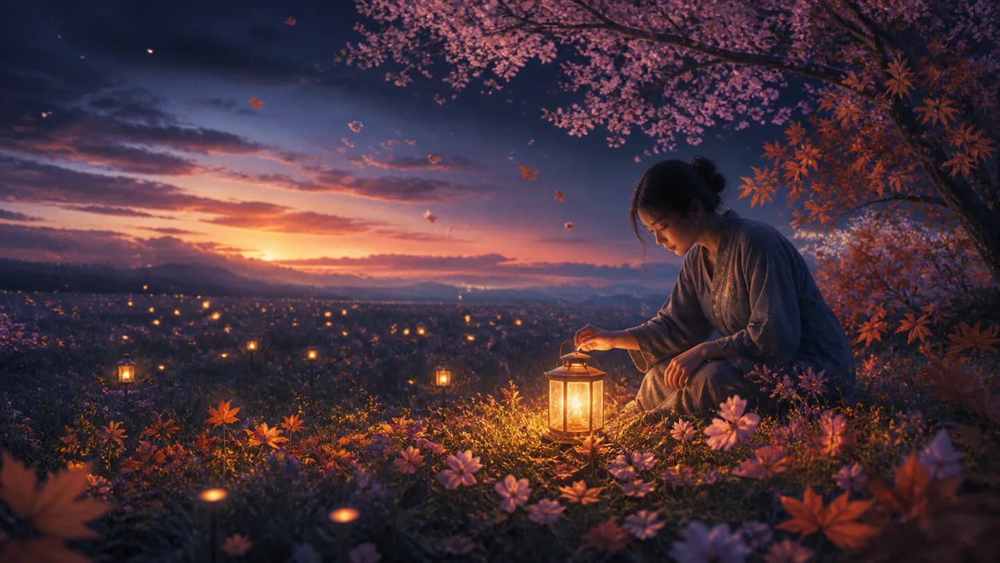 A person lighting one warm lantern in a field of changing seasons