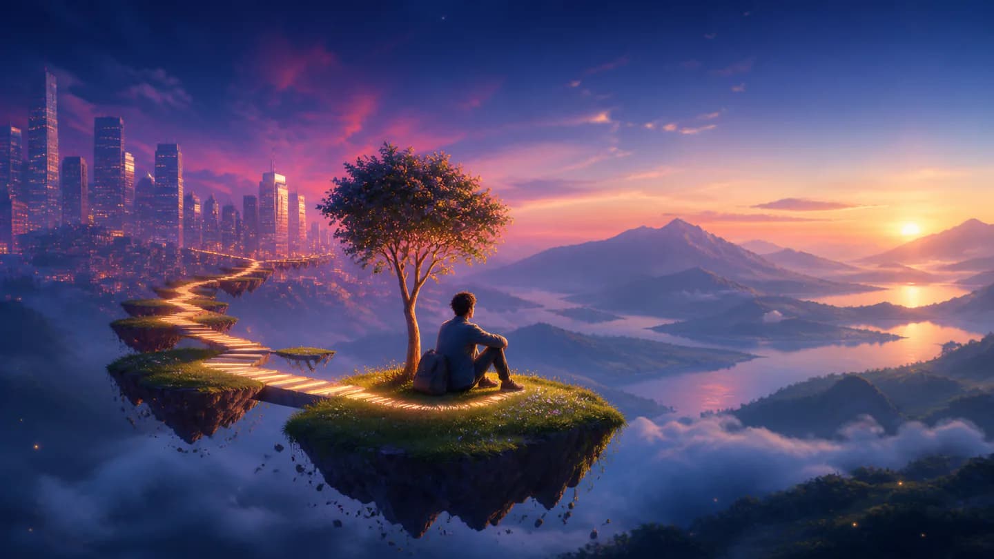 A traveler on a busy road resting under a tree on a small green island
