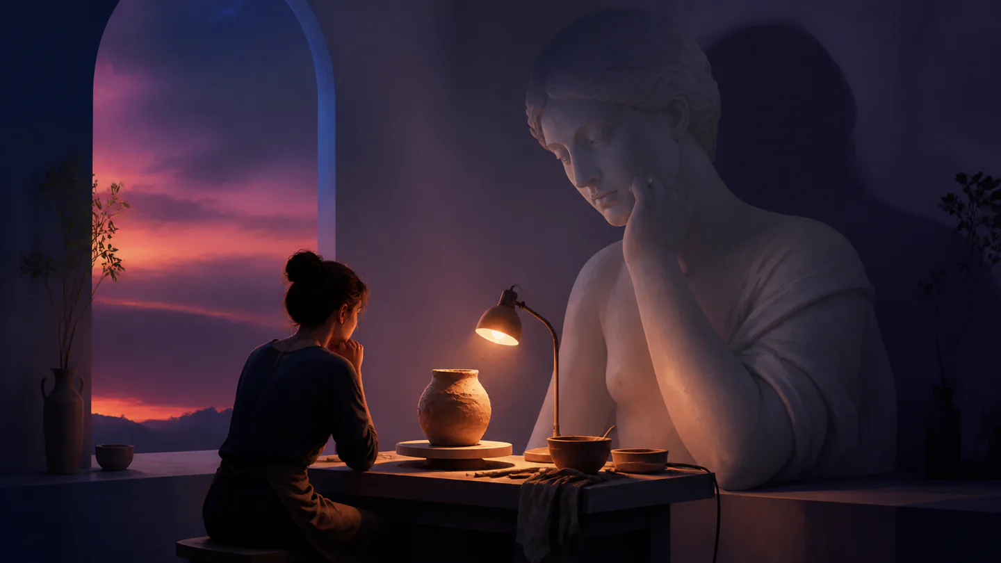 A person working on an imperfect clay vessel in the shadow of a large ideal statue