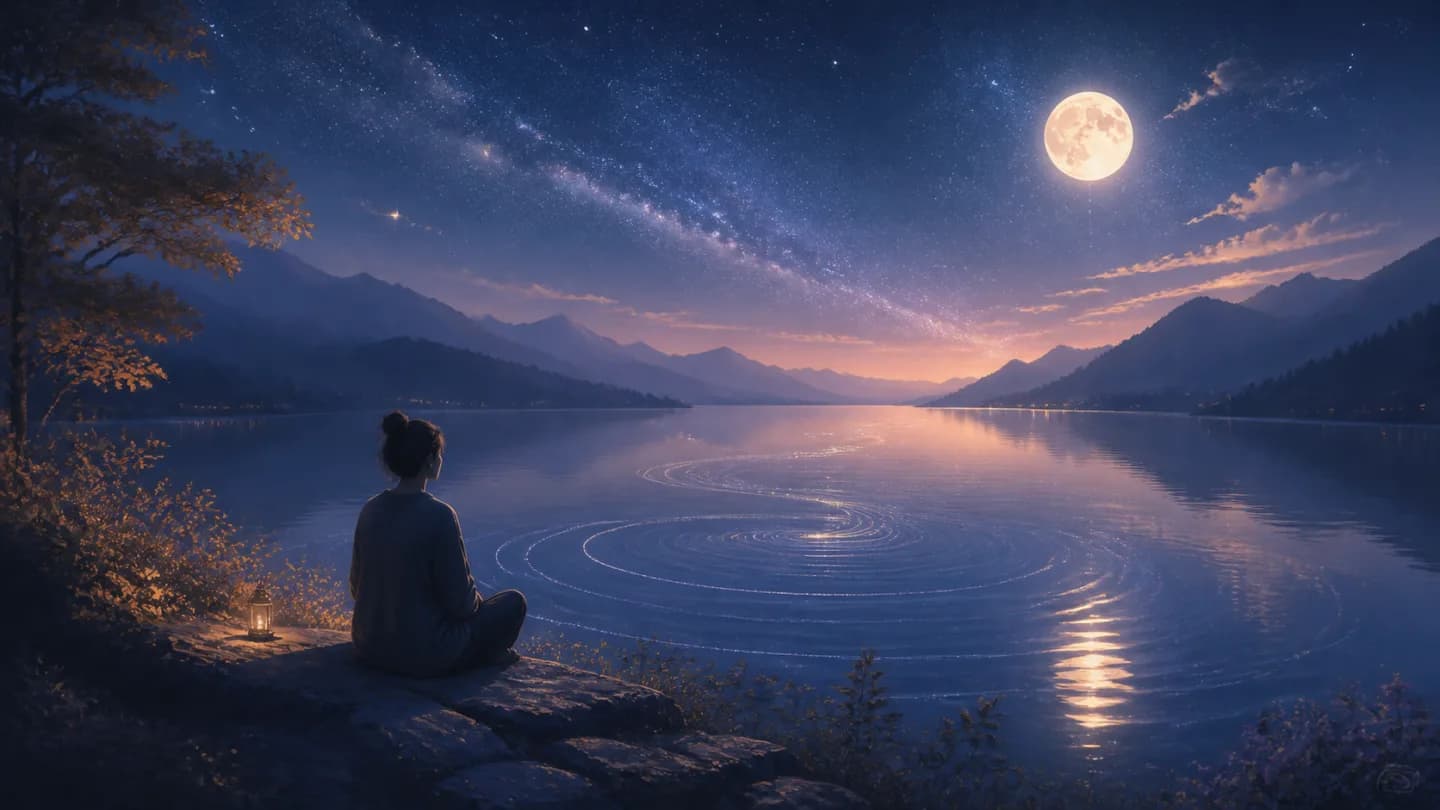 A person by a calm lake where water rings reflect quieting thoughts