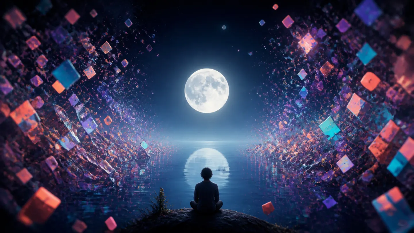 Colorful digital fragments dissolving around a calm moon and water