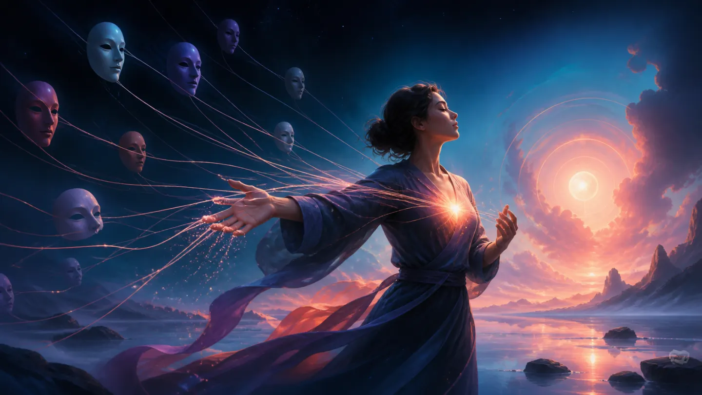 A woman releasing threads tied to distant masks and finding her own inner light