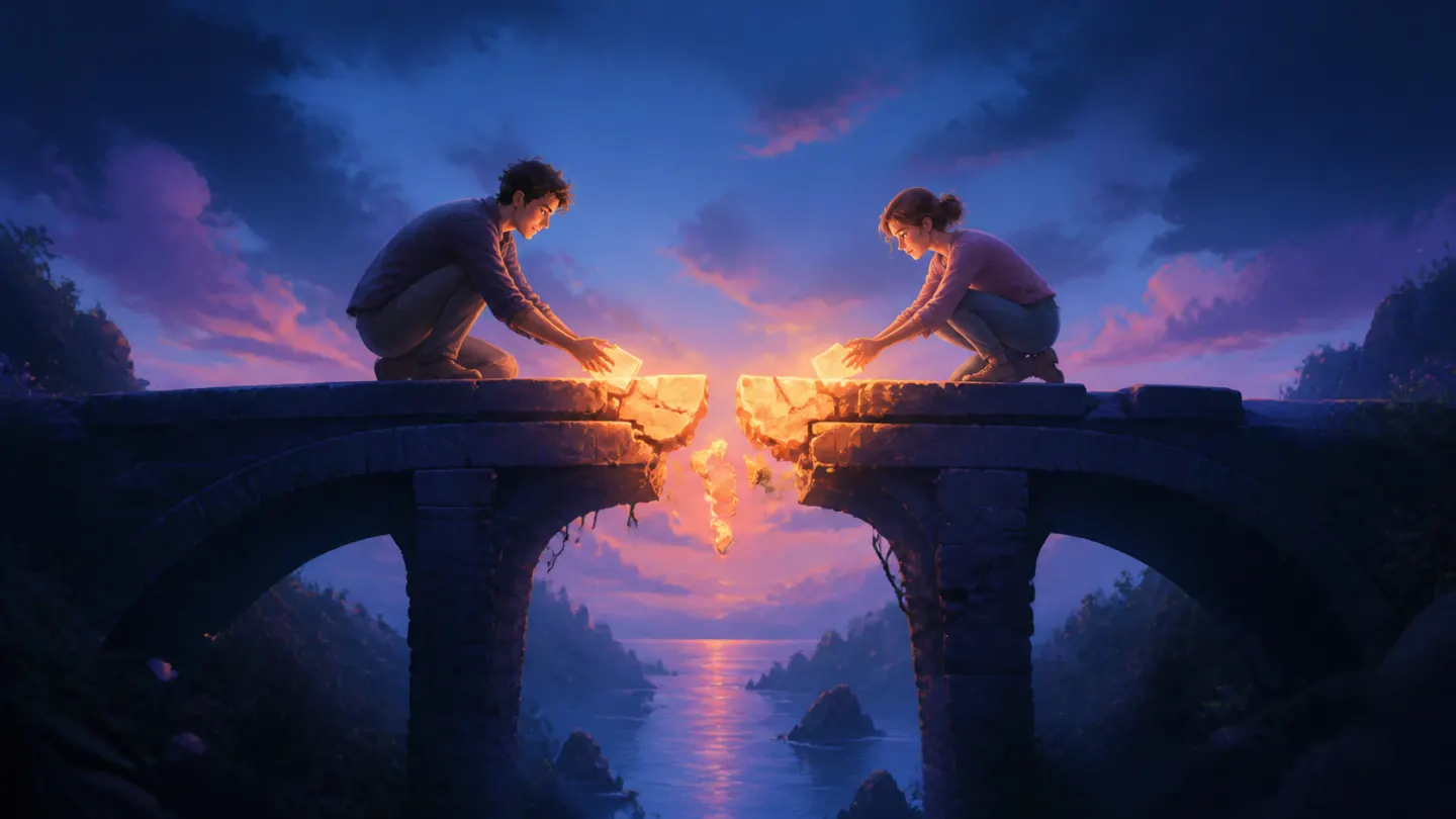 Two people rebuilding a broken bridge together with pieces of warm light