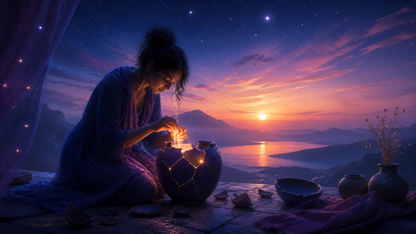 A person carefully restoring a broken vessel in warm starlight