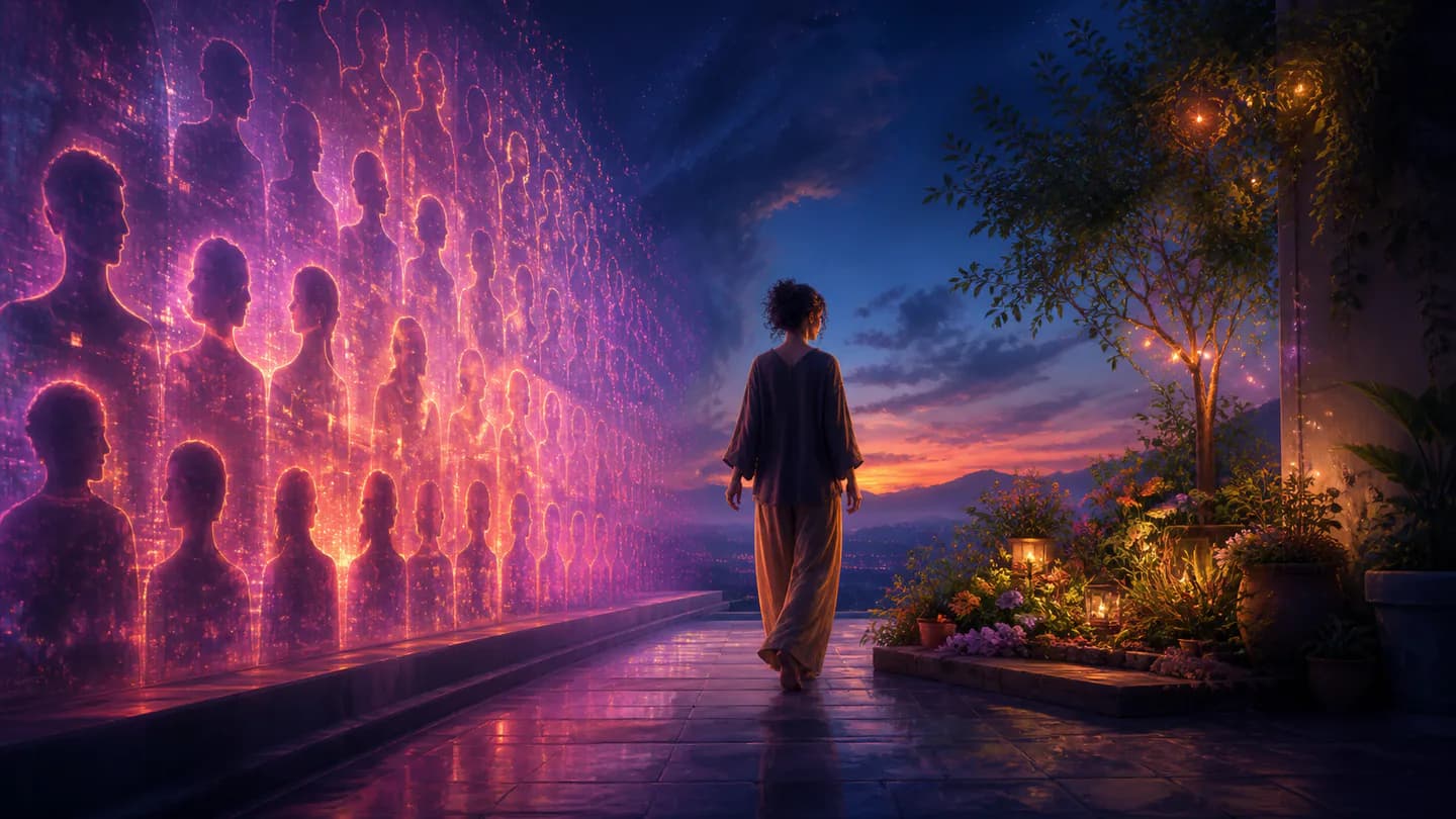 A person turning away from a wall of idealized silhouettes toward their own small garden