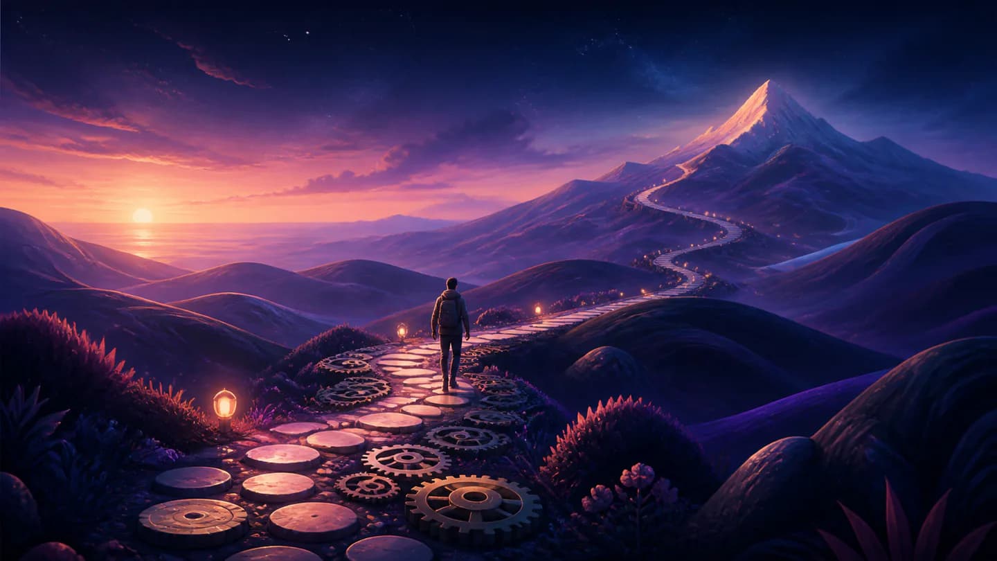 A traveler walking toward a distant peak along a path of repeated steps