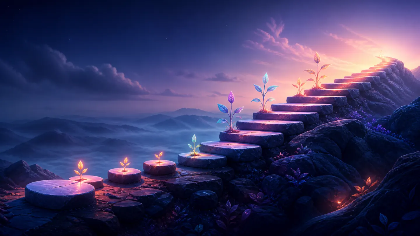 Small lit steps gradually growing into a big road as plants sprout