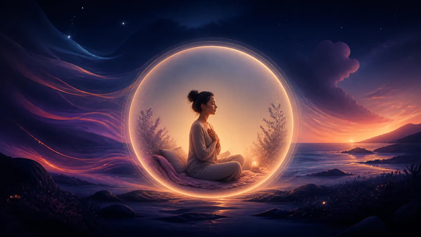 A woman sitting in a calm lit circle while strong waves move outside it