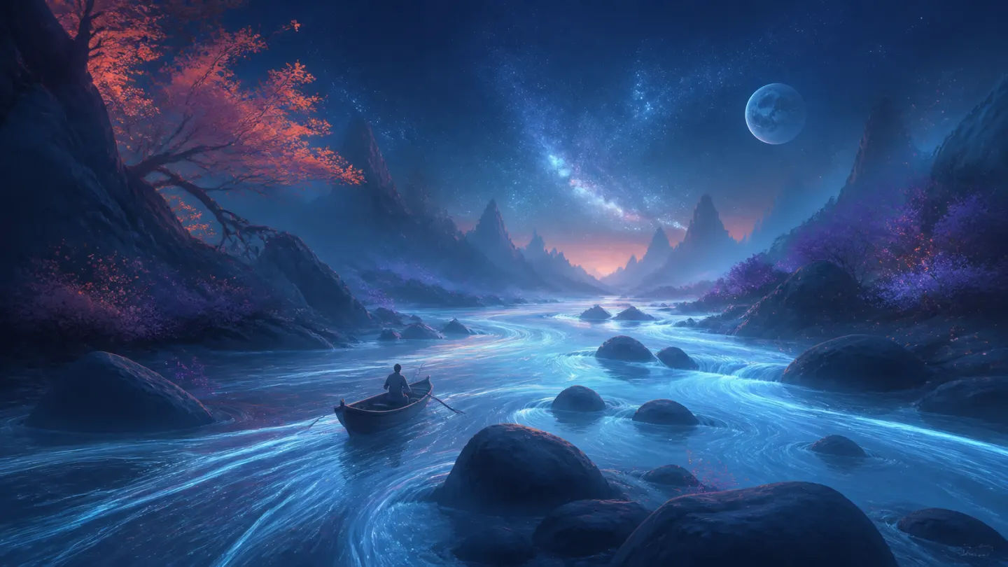 A boat following the natural current on a starlit river